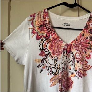 Tommy Hilfiger Women's Floral V-Neck Top - Pink and Orange